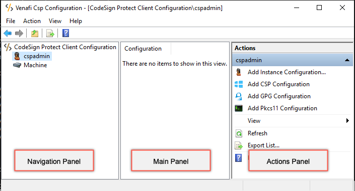 Screenshot showing the navigation panel, main panel, and actions panel.