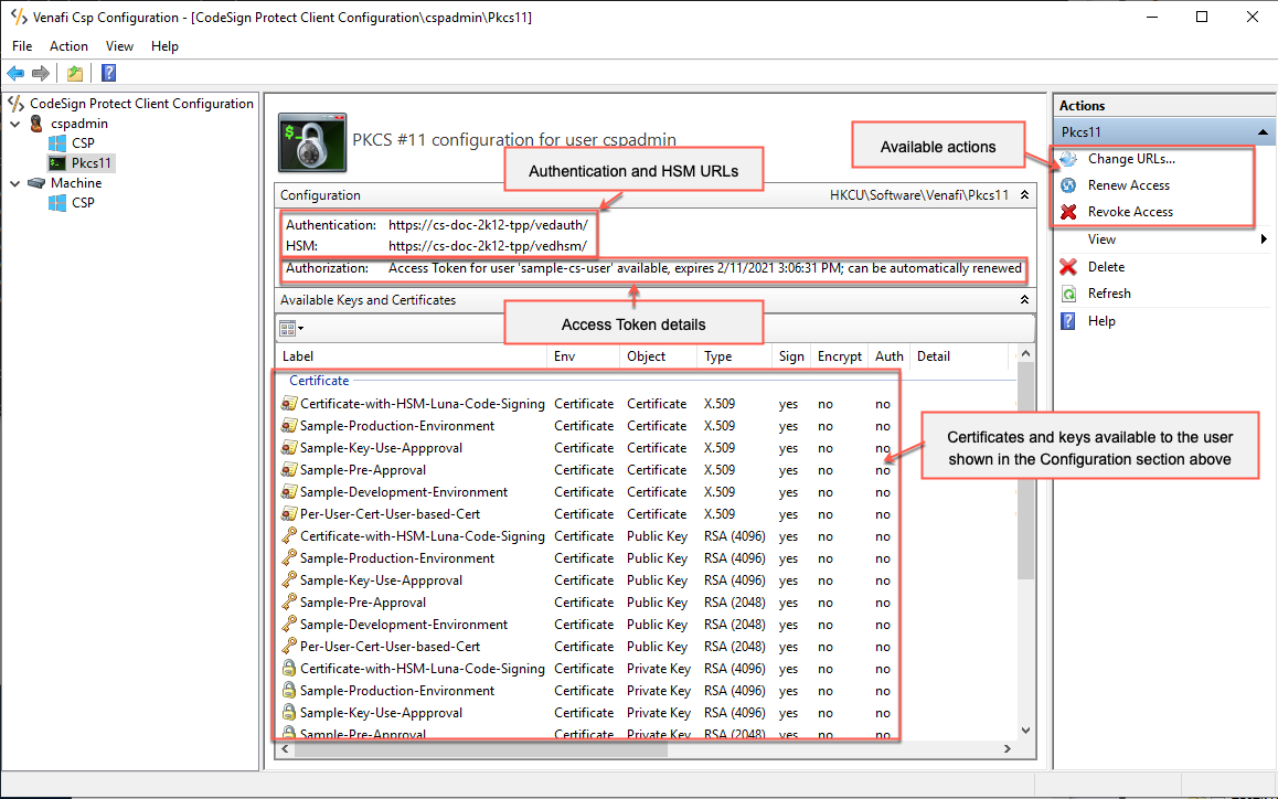 Screenshot showing the locations on the console for the URLs, access token details, available actions in the actions panel, and certificates and keys available to the user.