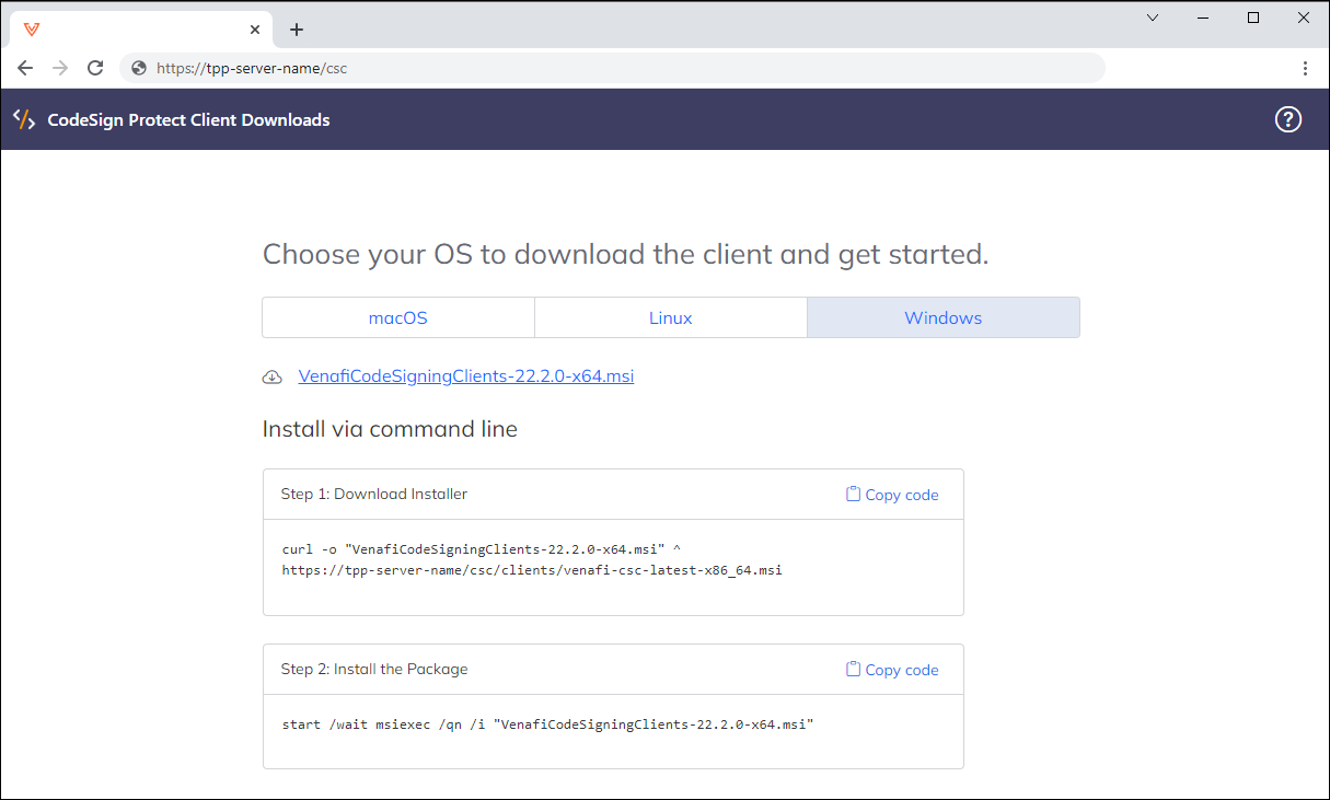 CodeSign Protect Client Downloads page lets you choose the operating system and architecture of the CodeSign Protect client you want to download.